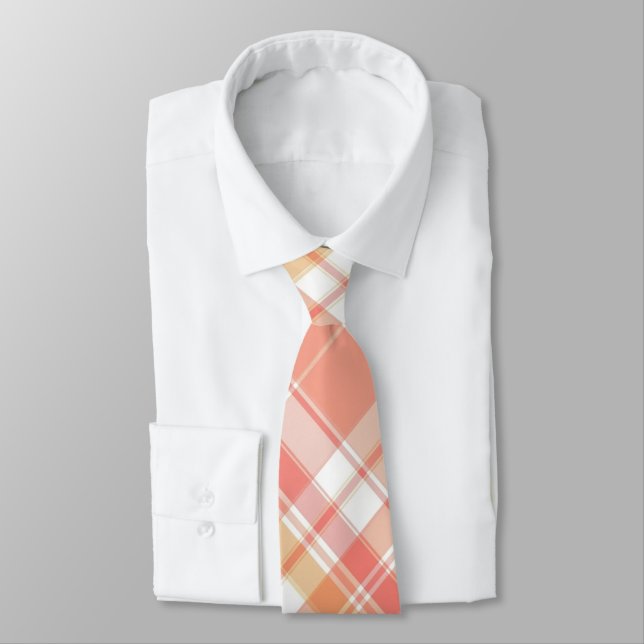 Peach, Salmon & White Plaid Tie (Tied)