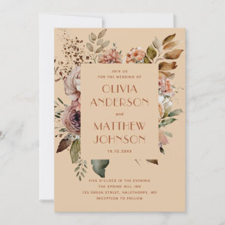 Peach Sand Floral Wedding. Fall Rustic Garden + QR Invitation