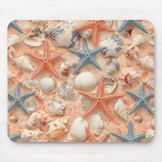 Peach Sand Seashell Starfish Coastal Pattern Mouse Pad (Front)