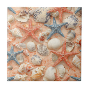 Peach Sand Seashell Starfish Coastal Pattern Tile