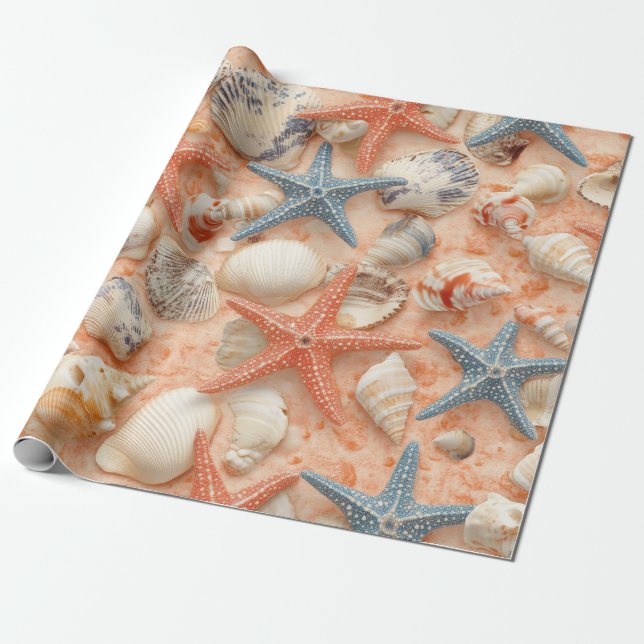 Peach Sand Seashell Starfish Coastal Pattern Wrapping Paper (Unrolled)