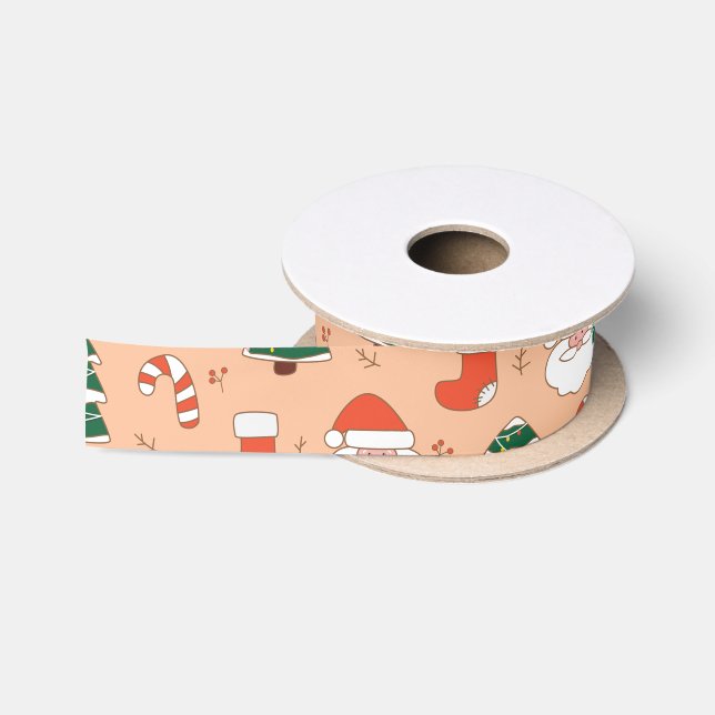 Peach Santa and Candy Cane  Satin Ribbon (Spool)