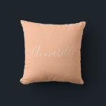 Peach script typography Name Throw Pillow<br><div class="desc">Modern peach personalized throw pillow.  Use the personalize option to add your own name or text in between the two squares (if you would like to keep the swirls at either end).  Please contact me directly if you require further help with customization.</div>
