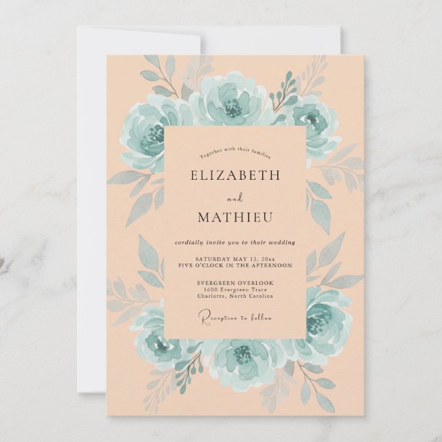 Peach Seafoam Peony Wedding Invitation (Front)