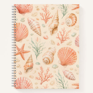 Peach Seashell Starfish Watercolor Coastal Pattern Notebook