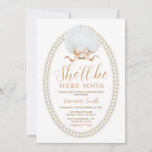 Peach She'll Be Here Soon Sea Shell Baby Shower Invitation