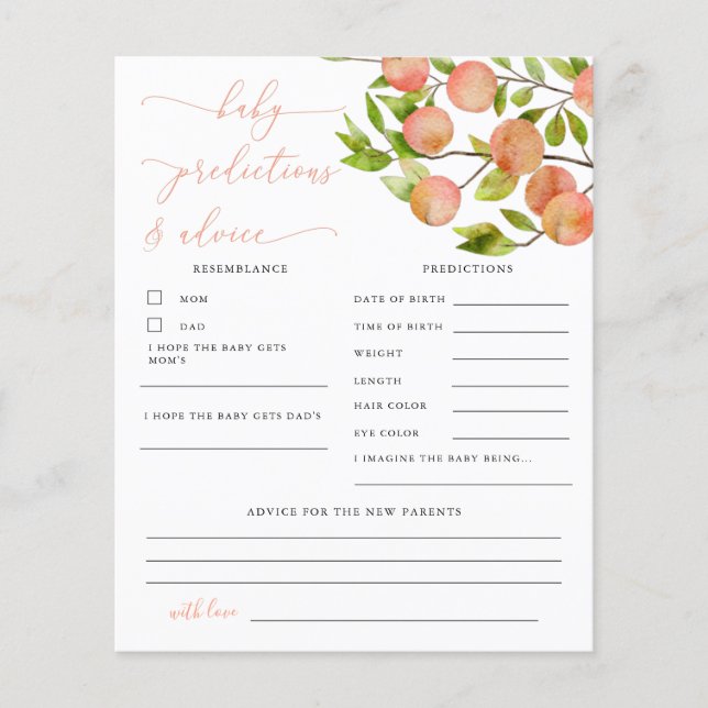Peach Shower Baby Predictions and Advice Card (Front)