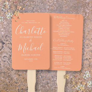 Peach Signature Script Wedding Program Hand Fan