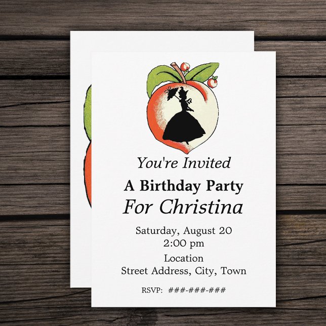 Peach Silhouette Southern Bell Birthday Invitation (Silhouette of Southern Belle on a Georgia Peach with leaves on  white Birthday party invitiations.)