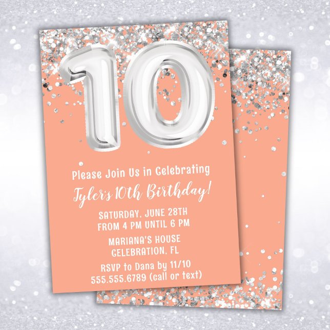 Peach Silver 10th Birthday Party Invitation (Creator Uploaded)
