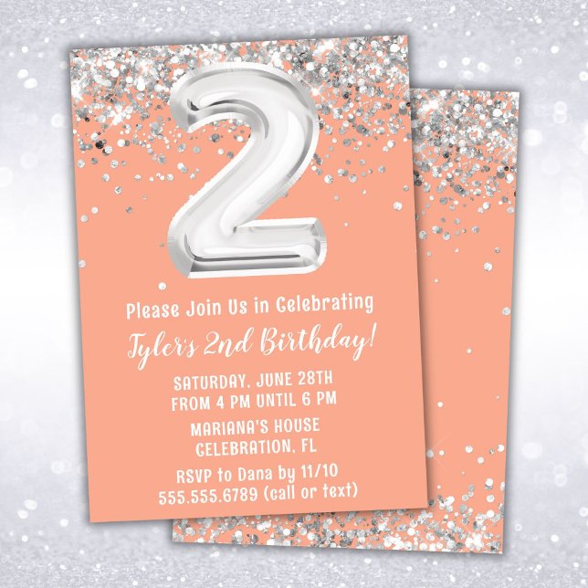 Peach Silver 2nd Birthday Party Invitation (Creator Uploaded)