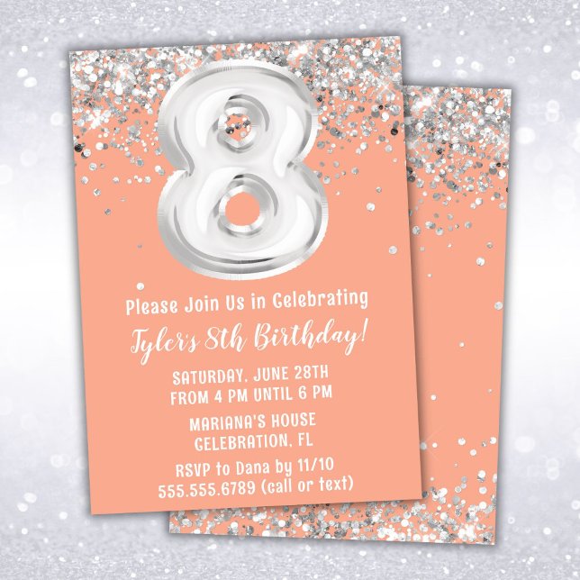 Peach Silver 8th Birthday Party Invitation (Creator Uploaded)