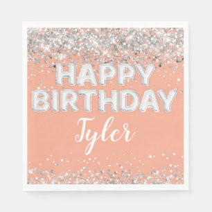 Peach Silver Birthday Party Napkin