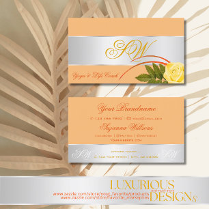 Peach Silver Decor Cute Rose Flower with Monogram Business Card