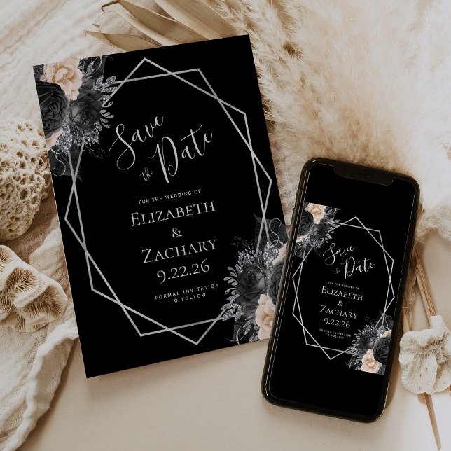 Peach Silver Floral Geo Black Save the Date (Creator Uploaded)
