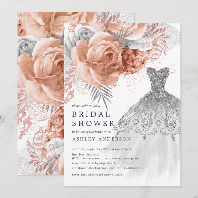 Peach & Silver Floral Wedding Dress Bridal Shower Invitation (Front/Back)