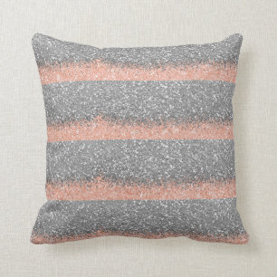 Peach Silver Grey Glitter Metallic Shiny Stripes Throw Pillow