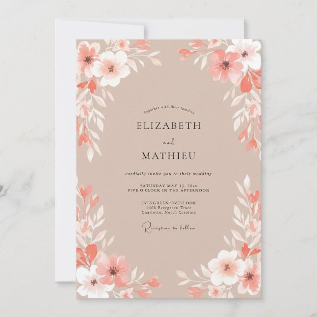 Peach Soft Botanical Watercolor Wedding Invitation (Front)