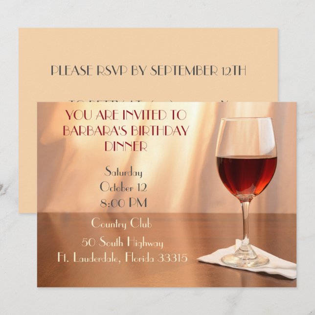 Peach Sophisticated Red wine birthday Invitation (Front/Back)