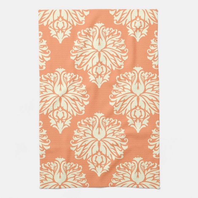 Peach Southern Cottage Damask Kitchen Towel (Vertical)