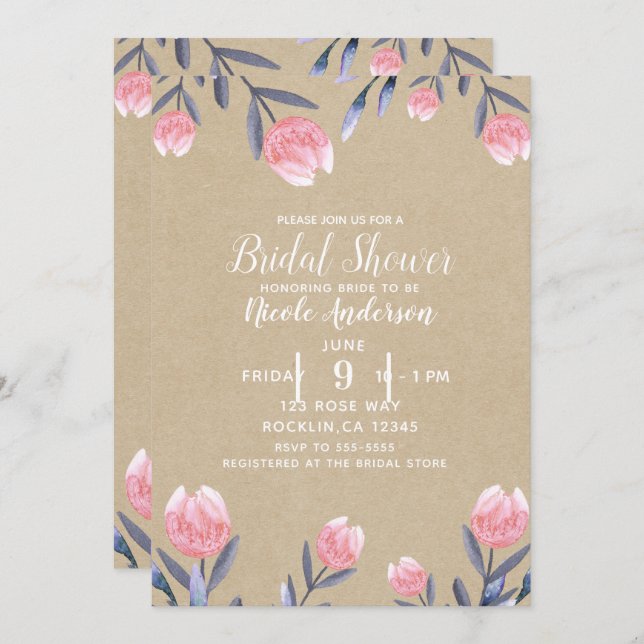 Peach Spring Watercolor Tulips Bridal Shower Invitation (Front/Back)