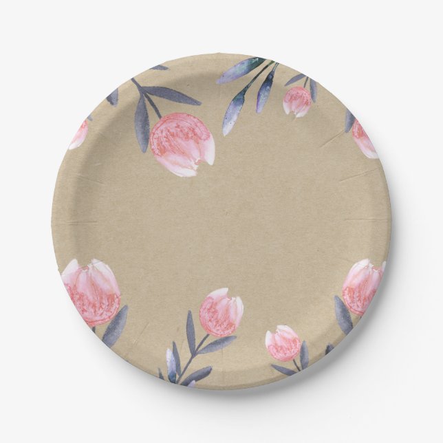 Peach Spring Watercolor Tulips Bridal Shower Party Paper Plate (Front)