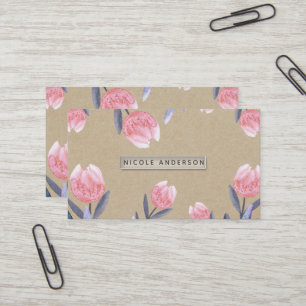 Peach Spring Watercolor Tulips Rustic Kraft Chic Business Card