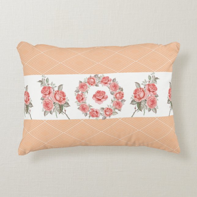 Peach Squares & Roses Accent Pillow (Front)