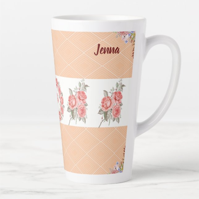Peach Squares & Roses Latte Mug (Right)