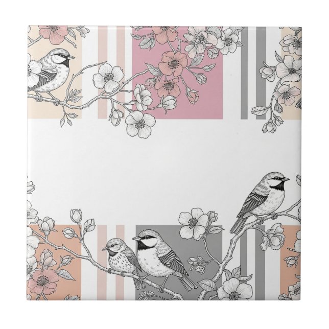 Peach Stripe Floral Bird Elegant (10) Tile (Front)