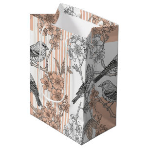 Peach Stripe Floral Bird Elegant (1) Medium Gift Bag