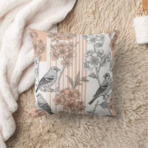 Peach Stripe Floral Bird Elegant (1) Throw Pillow