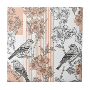 Peach Stripe Floral Bird Elegant (1) Tile