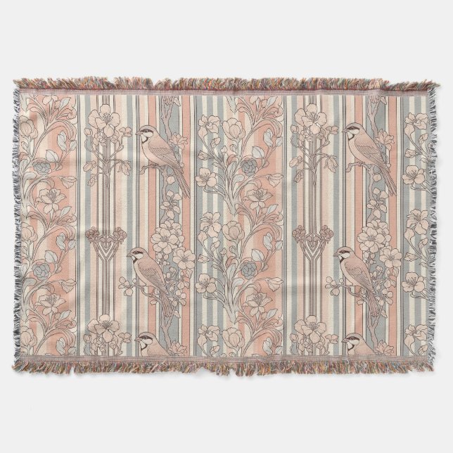 Peach Stripe Floral Bird Elegant (2) Throw Blanket (Front)
