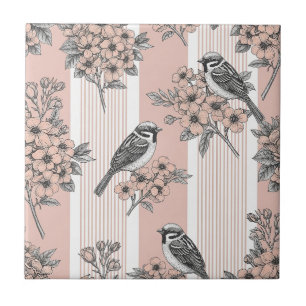 Peach Stripe Floral Bird Elegant (2) Tile