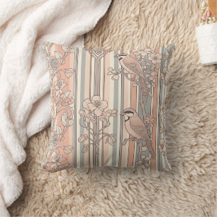 Peach Stripe Floral Bird Elegant (3) Throw Pillow