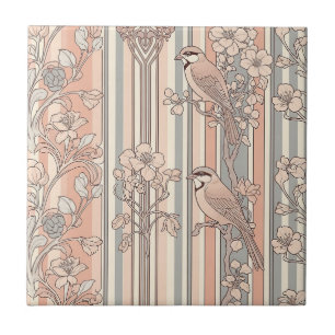 Peach Stripe Floral Bird Elegant (3) Tile