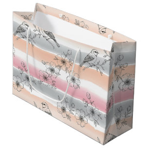 Peach Stripe Floral Bird Elegant (4) Large Gift Bag