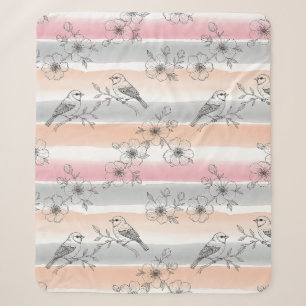 Peach Stripe Floral Bird Elegant (4) Sherpa Blanket