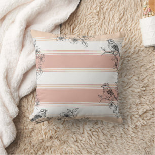 Peach Stripe Floral Bird Elegant (4) Throw Pillow