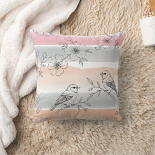 Peach Stripe Floral Bird Elegant (5) Throw Pillow