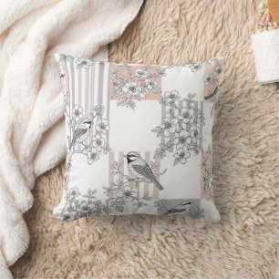 Peach Stripe Floral Bird Elegant (7) Throw Pillow