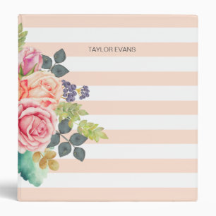 Peach Stripe Pattern with Watercolor Floral Roses Binder