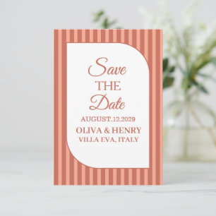 PEACH STRIPES STYLISH SIMPLE SCRIPT SAVE THE DATE ANNOUNCEMENT