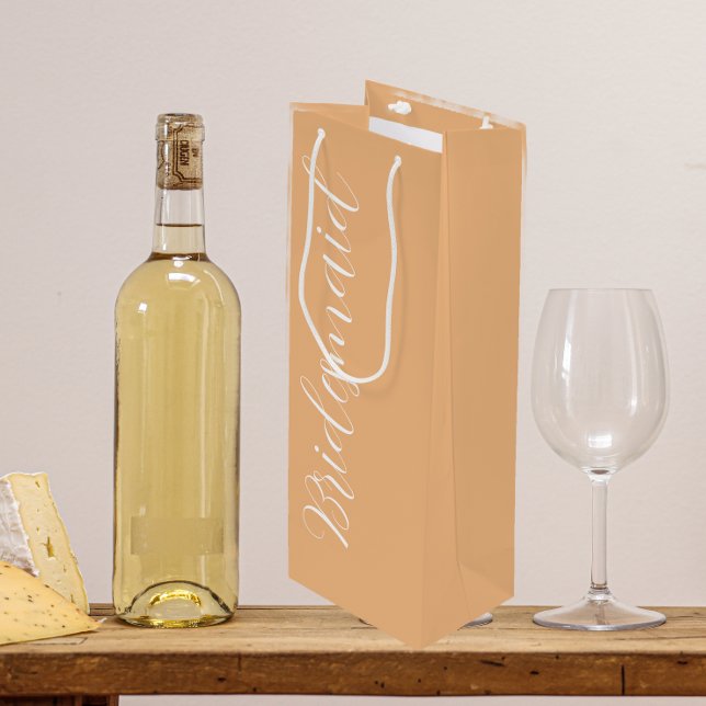 Peach Stylized Script Wedding Bridesmaid Wine Gift Bag (In Situ)
