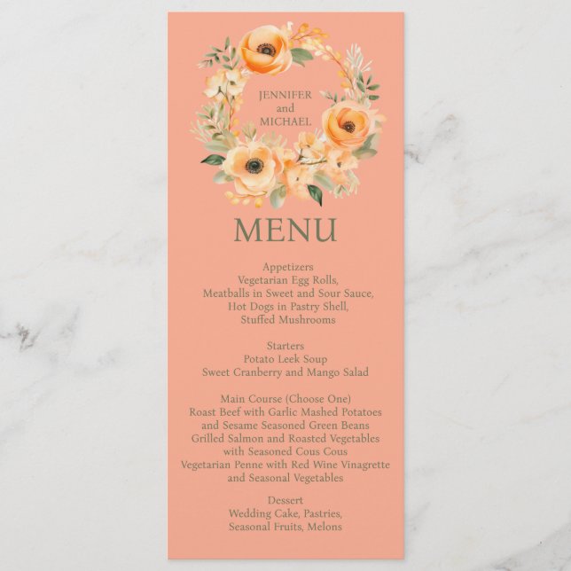Peach Summer Dinner or Lunch Menu Wedding Menu (Front)
