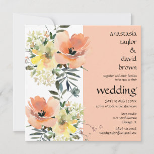 Peach Summer Floral Square Wedding Invitation