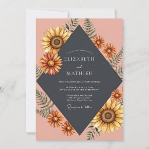 Peach Sunflower Fern Wedding Invitation