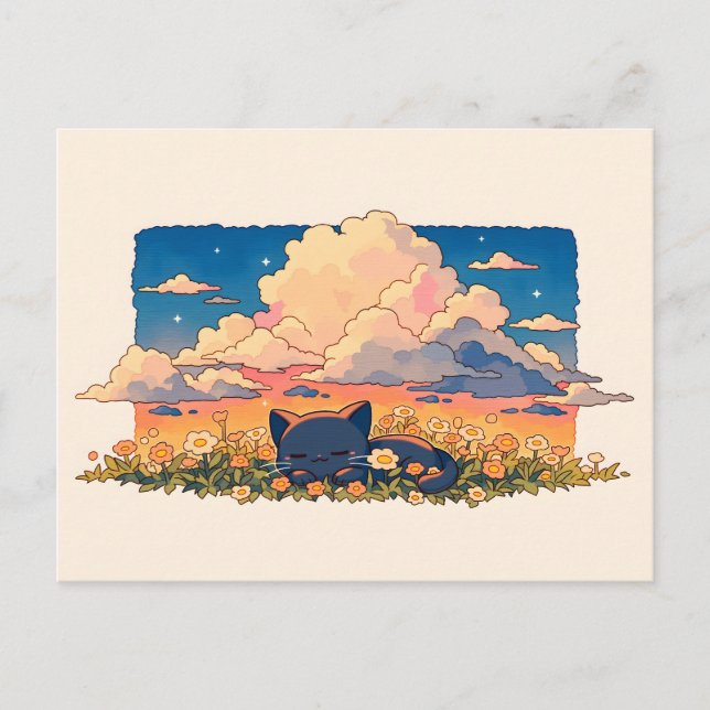 Peach Sunset Cloud Sleeping Black Cat Postcard (Front)