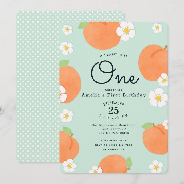Peach Sweet to Be One 1st Birthday Invitation (Devant / Derrière)